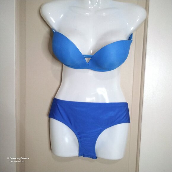 Raisins Solid Blue Padded Push-up Strapless Tie-Back Top & Bikini Bottom BNWT L - Picture 1 of 4